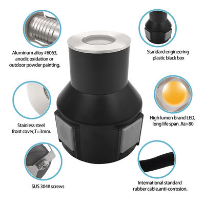 Luz de enterramiento LED de acero inoxidable 316 1w 2w 3w DC 24v con caja trasera de plástico para jardinería
