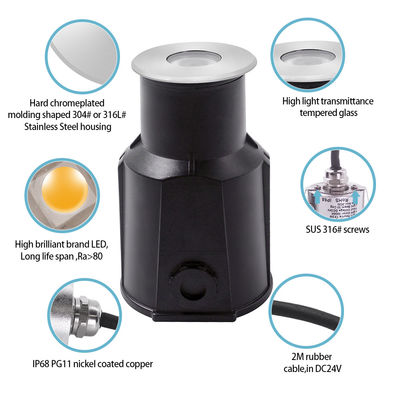 Mini recubrido 1W 2W LED luz de piscina subterránea IP68 3000k 12V / 24V DC