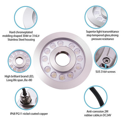 Luz de anillo de fuente LED IP68 24W de acero inoxidable Luz submarina