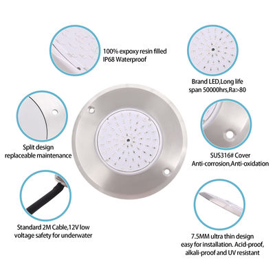6W SMD 2835 LED Iluminación de piscinas IP68 Impermeable Blanco/Cálido Blanco 316 Capa de acero inoxidable