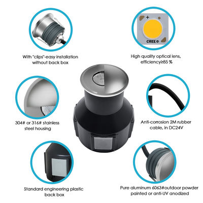 Luzes LED subterráneas 1W 2W DC12/24V IP67 Casilla de aluminio cubierta de rostro de acero inoxidable Résina llena