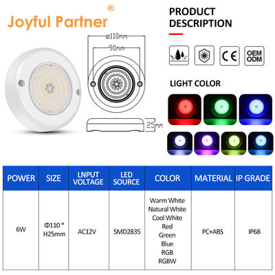 6W RGB LED luz de piscina IP68 resistente al agua AC12V ABS Material del cuerpo de la lámpara DIA110MM 152MM