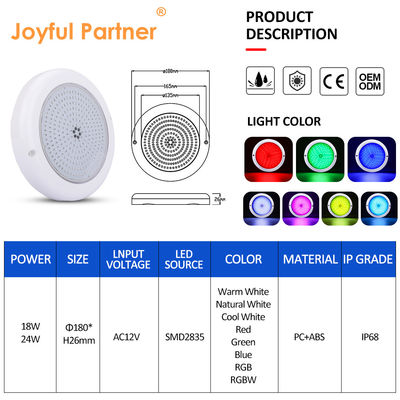 Lámparas de piscina de cambio de color ABS PC RGB Emtting 12V Entrada Superficie blanca cálida montada