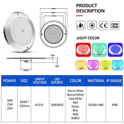 SUS316 Iluminación de estanque LED SPA bajo el agua IP68 DC12V 3000K
