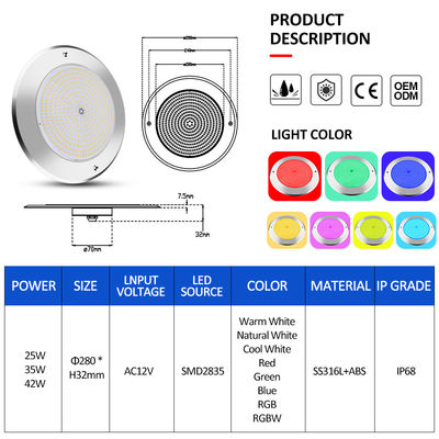 Lámparas de piscina bajo el agua LED 316 de acero inoxidable 25W Smd2835 Resina llena 3000K RGB lámpara de piscina SMD 2835 AC 12v IP68 totalmente impermeable