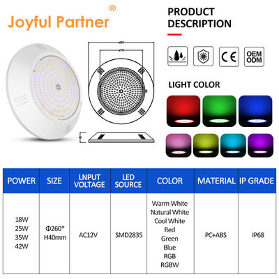 Resina epoxi Relleno de piscina subacuática luz de pared ABS instalado en la carcasa IP68 AC12V 18W Dia 260mm