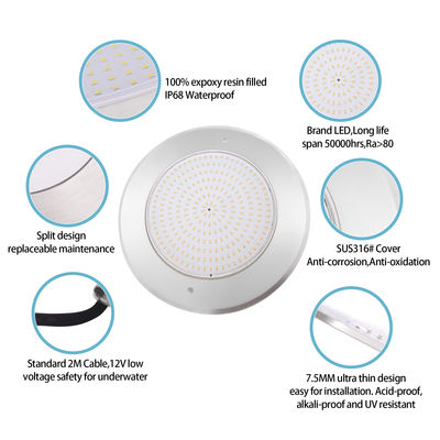 Par56 LED resistente al agua Luz de piscina 316SS Casas Ultra delgadas 7.5mm Resina de pared montada 230MM 18W 25W DC AC12V