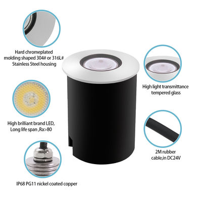 Luzes de piscina DC12 ~ 24V 1W 2W LED de acero inoxidable de color único con caja negra ABS
