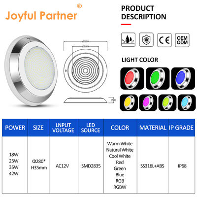 Luz de piscina subacuática AC12V Acero inoxidable de cambio de color montado en la pared RGB ø280*35mm