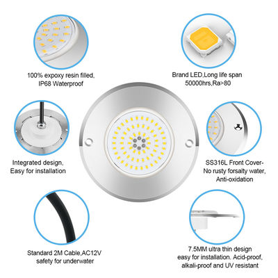 Par 56 Rgb Led Pool Light 6W 10W 18W 25W 35W 42W ultra delgado 7.5mm Super delgado Resina llena de AC 12V de voltaje SMD LED con material SS316L