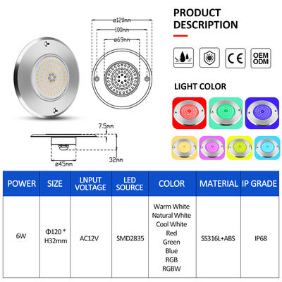 Par 56 Rgb Led Pool Light 6W 10W 18W 25W 35W 42W ultra delgado 7.5mm Super delgado Resina llena de AC 12V de voltaje SMD LED con material SS316L