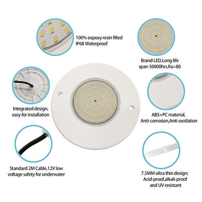 Reflector de luz para piscina relleno de resina 160mm DC12V 10W Totalmente plástico SMD2835 108pcs Color RGBW Voltaje constante
