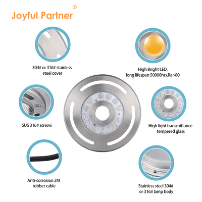 Luz de fuente LED subacuática IP68 12W 24W 36W Blanco cálido Azul RGB Acero inoxidable 316L con diámetro de 285mm