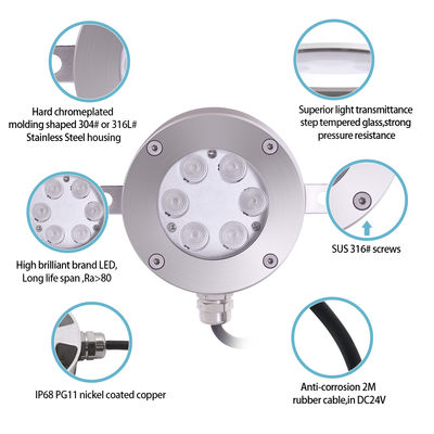 DMX512 Luz de fuente LED controlada DC24V 12W 3000K de acero inoxidable IP68 para paisajes submarinos