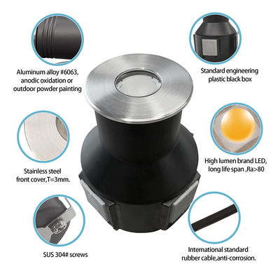 Luz subterránea IP67 de baja tensión 1W 3W 3000K DC24v Forma cuadrada redonda con cubierta frontal de acero inoxidable