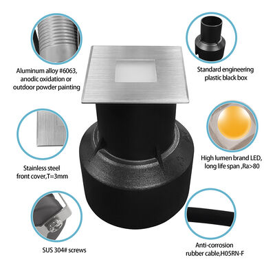 Luzes LED subterráneas 3W Forma cuadrada 304 o 316 de acero inoxidable 45 * 45MM Cuadro de aluminio cuerpo fundido a presión