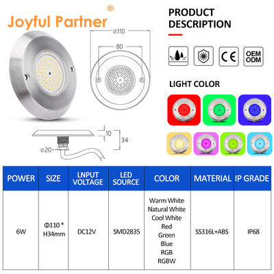 Lámpara de piscina PAR56 ultra delgada de 6W, LED SMD 2835, resistente al agua, 110x34MM, DC12V/AC12V