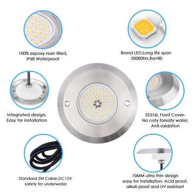 Luces LED para piscina DC12V 42W 10MM de espesor Integradas SMD 2835 RGB con cambio de color Rellenas de resina con material de acero inoxidable