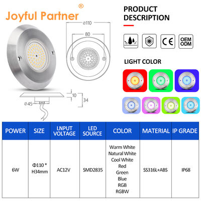 Luces LED para piscina DC12V 42W 10MM de espesor Integradas SMD 2835 RGB con cambio de color Rellenas de resina con material de acero inoxidable