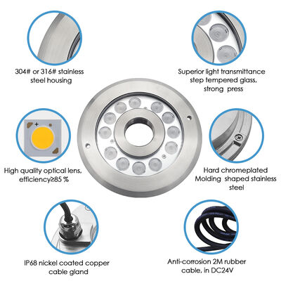 Luz de fuente submarina LED Blanco cálido12 Volts 12W SS 316 Material con 2 metros de longitud de cable